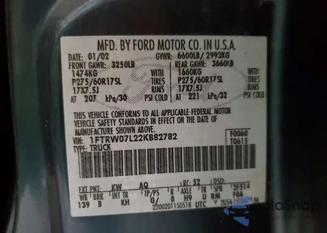 2002 Ford F150 Supercrew z USA, uszkodzony, nr VIN 1FTRW07L22KB82782